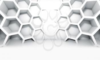 Abstract white symmetric interior with honeycomb structures on the wall, 3d illustration