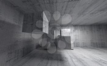 Abstract concrete 3d interior with flying cubes. Wide angle
