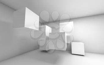 Abstract empty 3d interior with white flying cubes