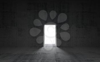 Abstract dark concrete interior with glowing door, 3d illustration