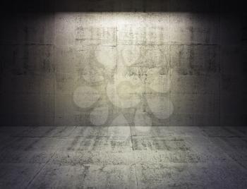 Abstract dark concrete 3d interior with spot light on the wall