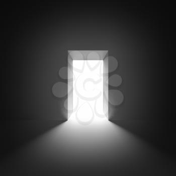 Abstract empty interior with open glowing door and light 