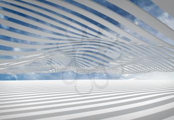 Abstract architecture 3d wave stripes against the cloudy sky