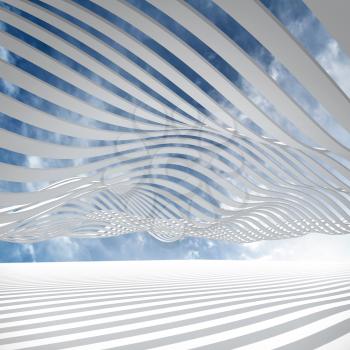 Abstract architecture 3d background with white waved stripes against the cloudy sky