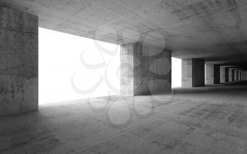 Abstract empty 3d interior with concrete columns and white glowing windows