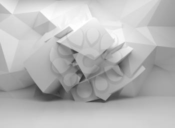 Abstract 3d white background with chaotic polygonal structure on the wall in empty interior