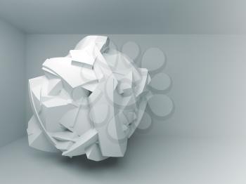 Abstract 3d background with white big flying chaotic fragmented object in empty room interior