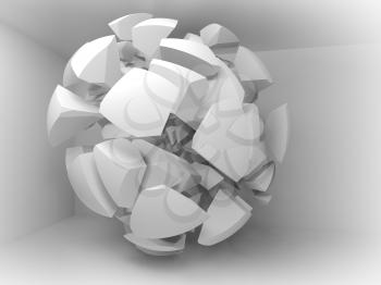 Abstract 3d background with white fragments of big sphere in empty room interior