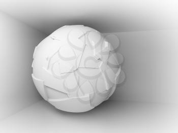 Abstract 3d background with white big flying sphere in empty room interior