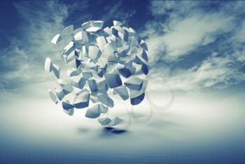 Abstract 3d object, cloud of small spherical fragments on blue dramatic sky background