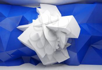 Abstract 3d white background with white chaotic polygonal structure on blue structured wall