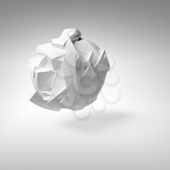 Abstract 3d object, white big flying chaotic fragmented shape with soft shadow