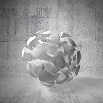 Abstract 3d background with white fragments of big sphere in empty concrete interior