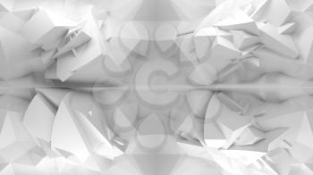 Abstract 3d white background, chaotic polygonal structure on the wall in empty interior
