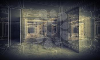 Abstract digital interior 3d background with perspective wire-frame view of dark corridor