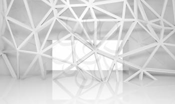Abstract white room interior with glowing door and chaotic 3d wire frame construction