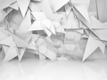 Abstract white empty 3d interior with chaotic triangle polygonal pattern on the wall