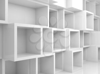 Abstract empty 3d interior with white square shelves on the wall