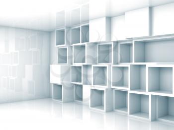 Abstract empty light blue 3d interior with cubes shelves on the wall