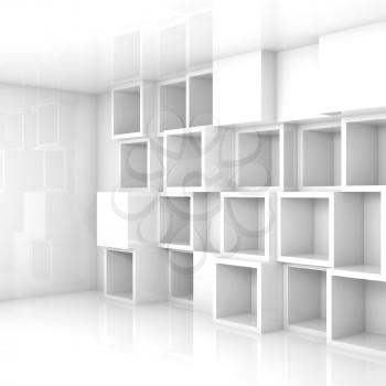Abstract empty 3d interior with white cubes shelves on the wall