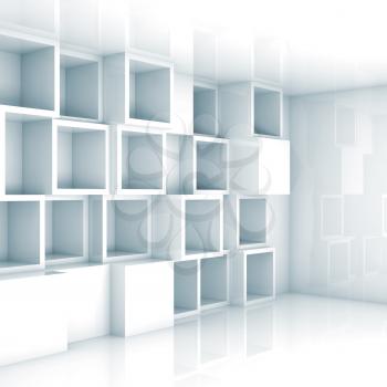 Abstract empty 3d interior with white empty cube shelves on the wall