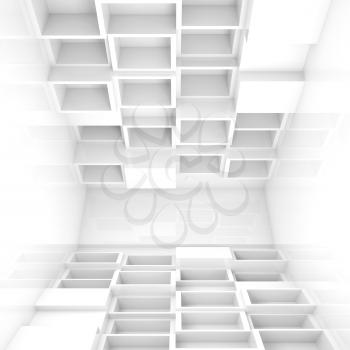 Abstract empty 3d interior with white cubes on floor and ceiling