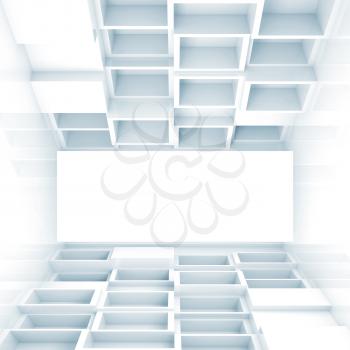 Abstract empty 3d interior with cubes on floor and ceiling and white screen