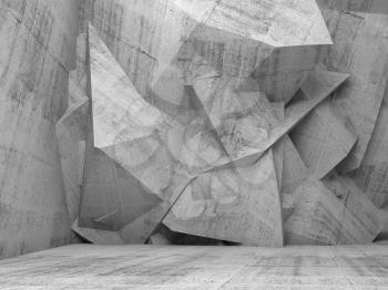 Abstract empty concrete 3d interior with chaotic polygonal relief pattern on the wall