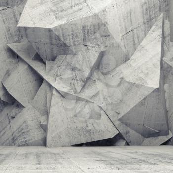Abstract concrete 3d interior with chaotic polygonal relief pattern on the wall