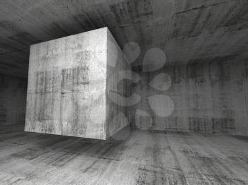Abstract dark gray concrete room 3d background illustration with flying cube