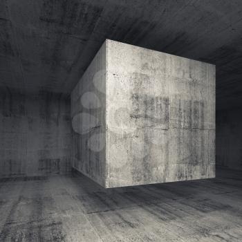 Abstract dark gray concrete room interior with flying cube. Square 3d background illustration 