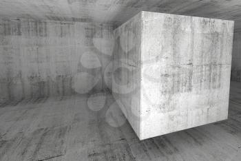 Abstract white concrete room 3d background illustration with flying cube