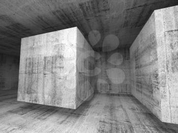 Abstract dark gray concrete room 3d background interior with flying cubes