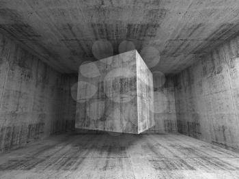 Abstract dark gray concrete room interior. 3d background illustration with flying cube