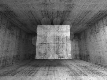 Abstract dark gray concrete room interior. 3d background illustration with big flying cube