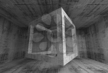 Abstract dark gray concrete room interior. 3d background illustration with flying empty beam cube