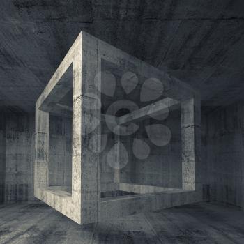Abstract dark gray concrete room interior. 3d square background illustration with flying empty beam cube structure