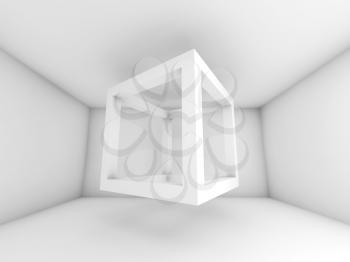 Abstract white room interior. 3d background illustration with flying empty beam cube