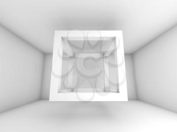 Abstract white room interior. 3d background illustration with flying empty beam cube structure