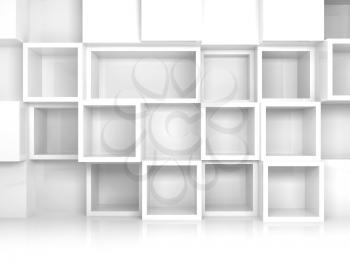 Abstract empty 3d interior with white square shelves on the wall, front view