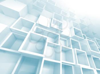 Abstract empty 3d background with white and light blue empty cube shelves on the wall