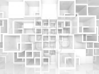 Abstract empty 3d interior fragment with white chaotic square cells structure on the wall