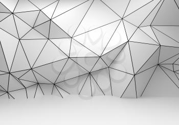 Abstract white 3d interior, polygonal wireframe relief pattern on the wall