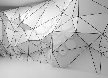 Abstract white 3d interior with polygonal wireframe relief pattern on the wall