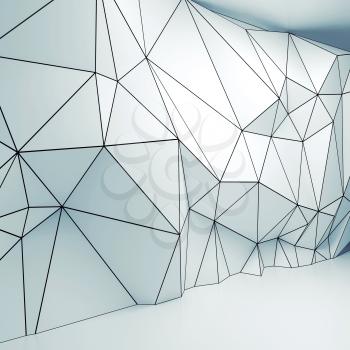 Abstract white and white square 3d interior with polygonal wireframe relief pattern on the wall