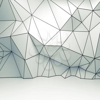 Abstract square white 3d interior, polygonal wireframe relief pattern on the wall