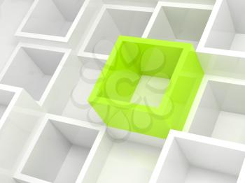 Abstract 3d design background with white square cells and one bright green element