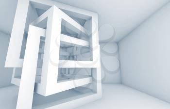 Abstract 3d architecture background. White chaotic braced cube constructions with blue shadows