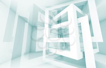3d abstract architecture background. White chaotic braced constructions with blue shadows