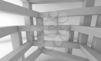 3d Abstract architecture background. Internal space of white chaotic braced construction